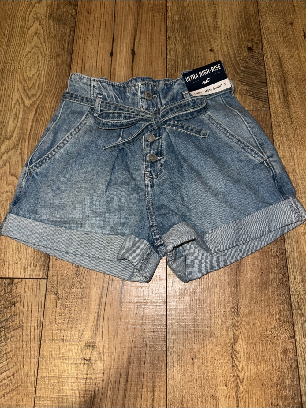 Hollister Light Blue Paperbag Waist Denim Shorts with Tie